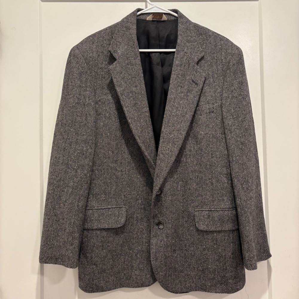 Macys Mens Store Herringbone Sport Coat Blazer Grey Black 2-Button Pocket 9/1
